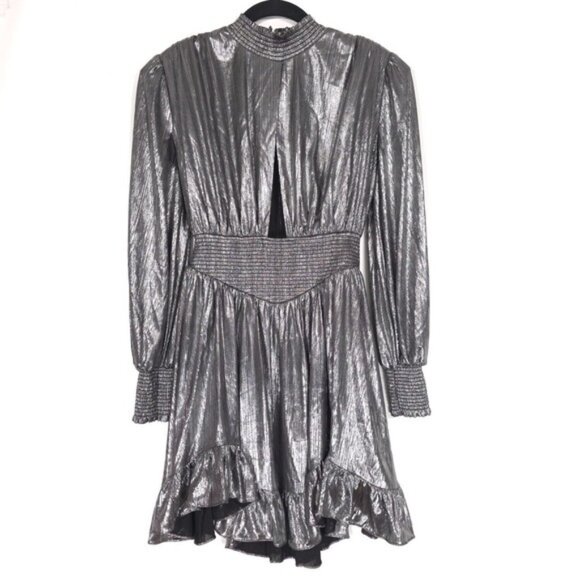 NWOT Retrofete Melody‎ Long Sleeve Mini Dress Gunmetal Silver SMALL Cutout Assym - Picture 3 of 11